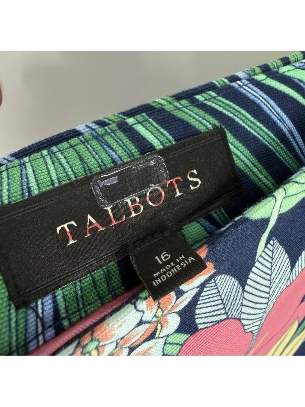 Talbots Pencil Skirt Womens Size 16 Navy Pink Tropical Floral Stretch Cotton